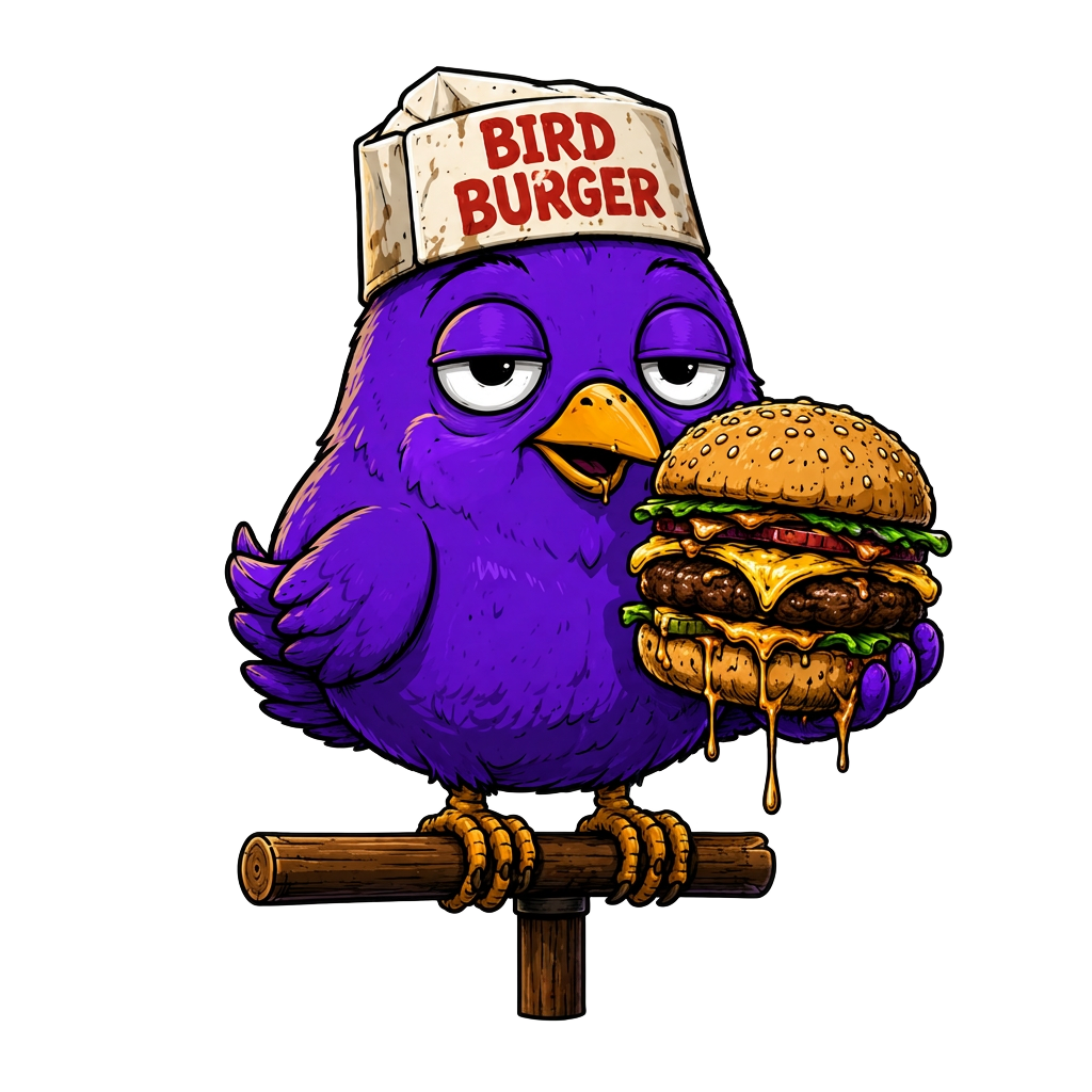 Bird Burger mascot holding a burger